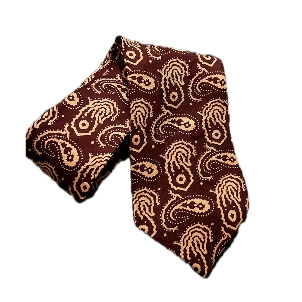 Vintage 70s Silk Necktie Burgundy Tan Paisley Print Formal Tie Fall Mod Disco